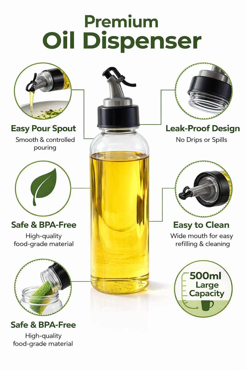 Premium Oil Dispenser Bottle 500ml | Leakproof Kitchen Oil Dispenser