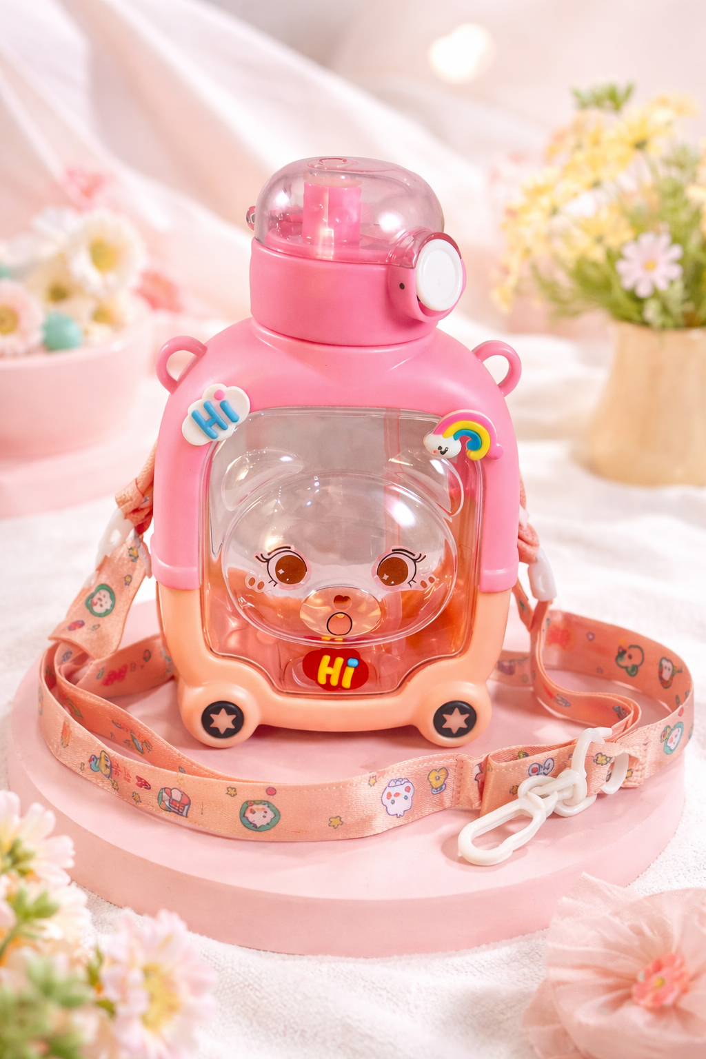 Cute Cartoon Kids Water Bottle with Straw & Sling | Leakproof